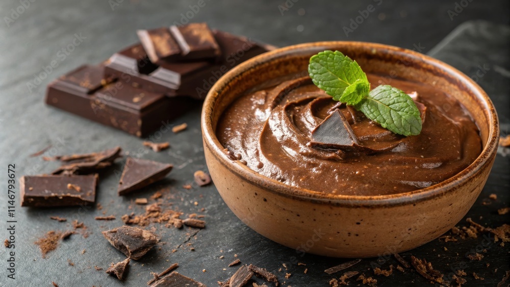 Poster a bowl of rich chocolate pudding topped with a sprig of mint and a sliver of chocolate, surrounded b