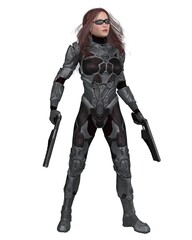 Future Soldier, Red Haired Female with Shades, Standing Pose, 3d digitally rendered science fiction illustration