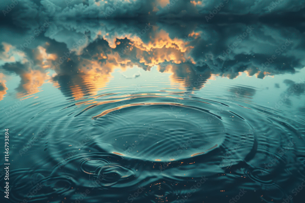 Poster captivating reflections of clouds in tranquil water at sunset creating ripples and serene ambiance. 
