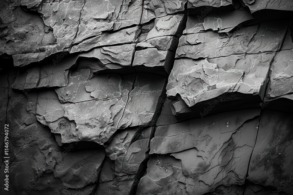 Poster textured rock formations showing layered structures and cracks in monochrome, showcasing natural geo