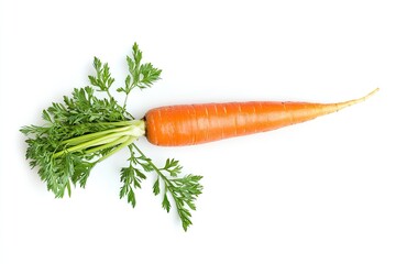 A large orange carrot with green leafy tops, laying diagonally on a white background