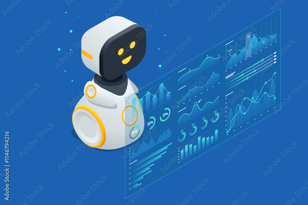 Poster isometric ai robot assisting a user with data visualization and reports on a digital screen, surroun