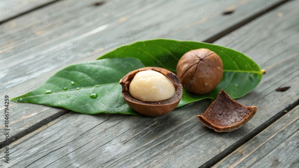 Poster macadamia nuts resting on a green leaf, displaying their creamy white kernel and cracked shell on a 