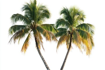 Two lush, green coconut palm trees isolated on white background.