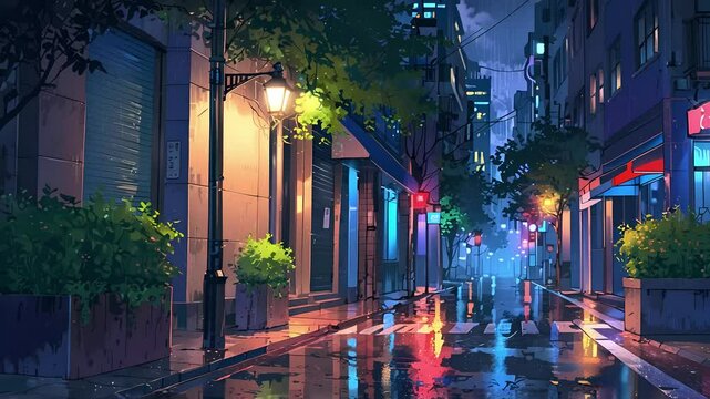 A street during night and raining. Anime style. Looping Lofi animation.