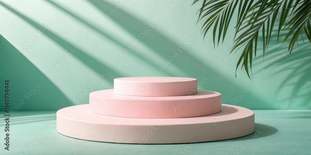 Aufkleber minimalist product display with pink cylinders and palm leaf shadow on a pastel green background