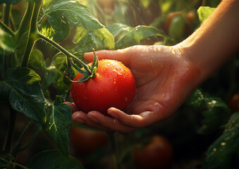 Harvesting a Ripe Tomato in Sunlit Garden