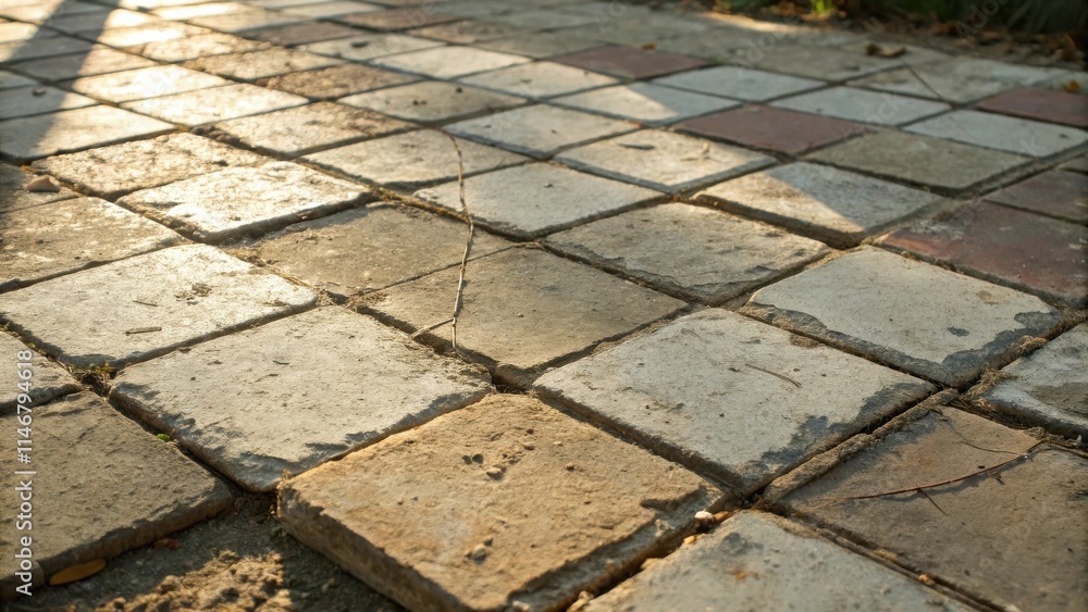Poster a close-up perspective of a patterned stone walkway, showcasing the intricate details and weathered 