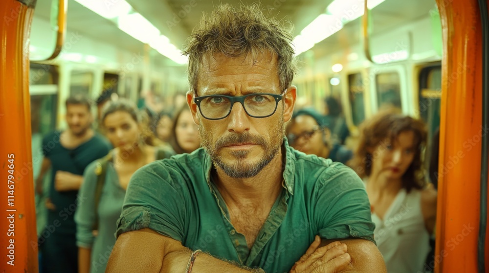 Poster man with glasses stands confidently in crowded subway during rush hour in urban setting