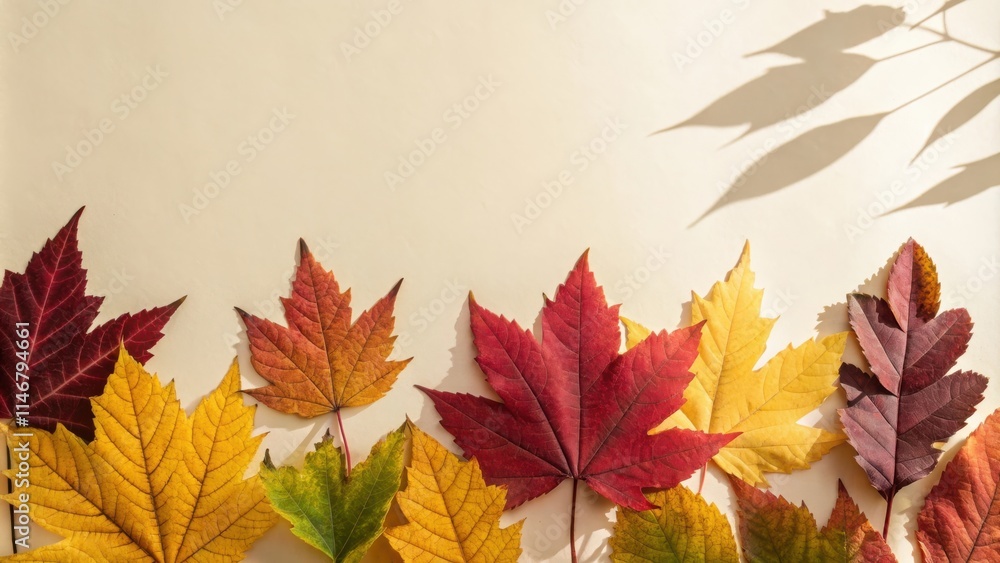 Poster Fall foliage arranged in a line against a cream background with a shadow from a plant cast above