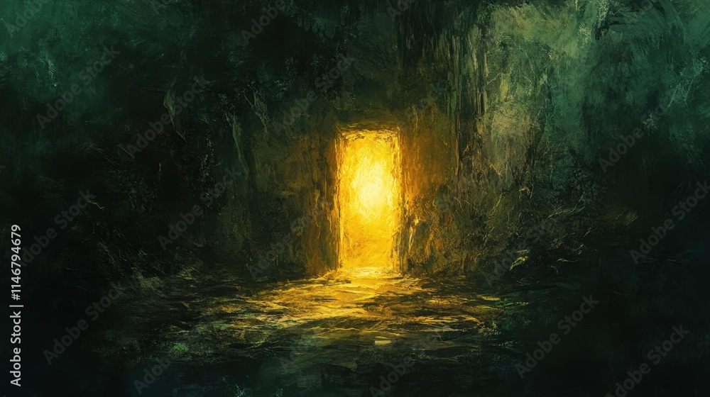 Poster mystical open doorway illuminated in a dark abstract environment