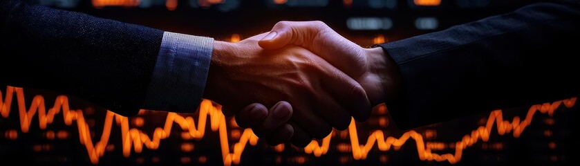 Two business professionals shaking hands with vibrant graphs in the background.
