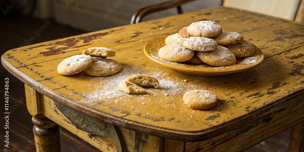Poster a rustic wooden table adorned with a collection of freshly baked cookies dusted with powdered sugar,