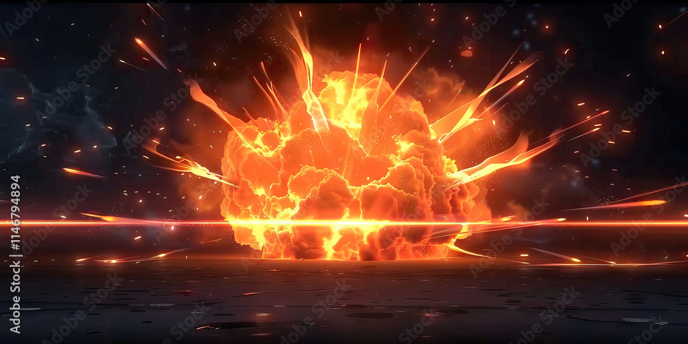 Poster digital rendering of an explosion with sparks and light streak