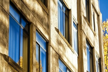 A close-up view of a modern building's facade with windows reflecting light.