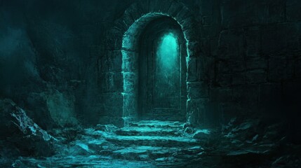 Mysterious Dark Archway with Glowing Light in Abandoned Stone Chamber