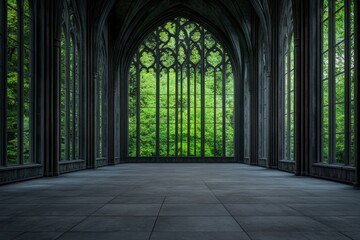 A grand, empty hall with large windows showcasing lush greenery outside.