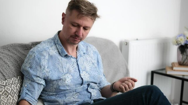 Man Taking Pill Feeling Unwell Fever Cold