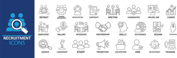 Recruitment icon set. Headhunting, career, resume, job hiring, candidate and human resource icons. Solid icon collection.