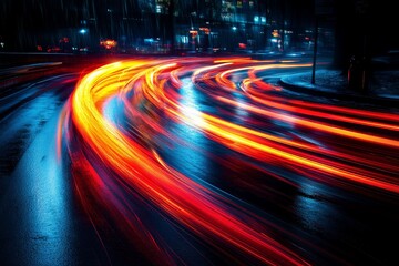 A dynamic night scene showcasing light trails from moving vehicles on a wet road.