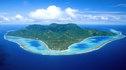 Naklejka premium Aerial view of a tropical island surrounded by turquoise waters and coral reefs 