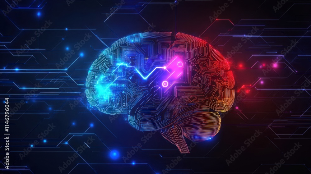 Poster futuristic digital brain with colorful circuit design and light effects