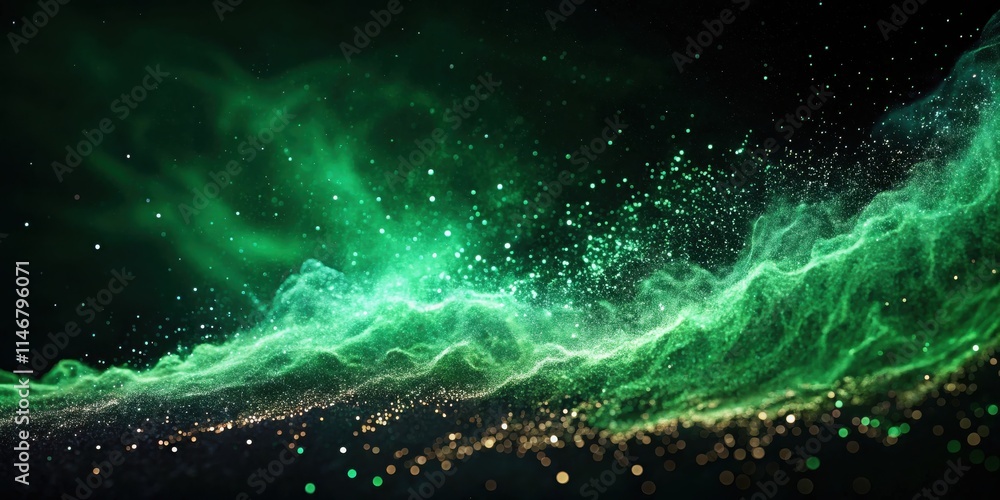 Poster abstract green and gold particle wave with a glittering background