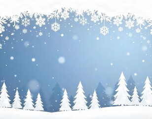 Snowy winter landscape with silhouettes of pine trees and falling snowflakes, against a light blue background