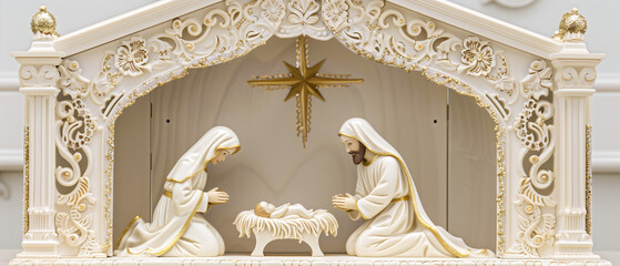 Obraz premium A beautifully carved white wooden nativity scene with gold accents depicts Mary and Joseph kneeling before baby Jesus in a manger.