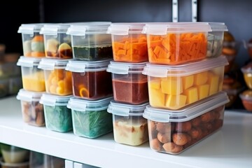 Plastic containers with different kinds of fruit and vegetables in the refrigerator
