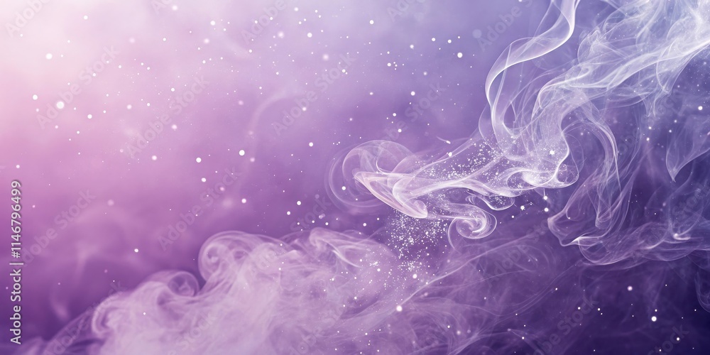 Poster abstract ethereal purple background with flowing white smoke and scattered dots of light.