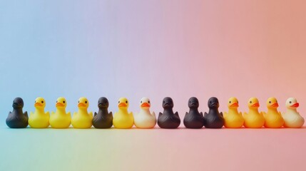 Row of yellow and black rubber duck toys on pastel background.
