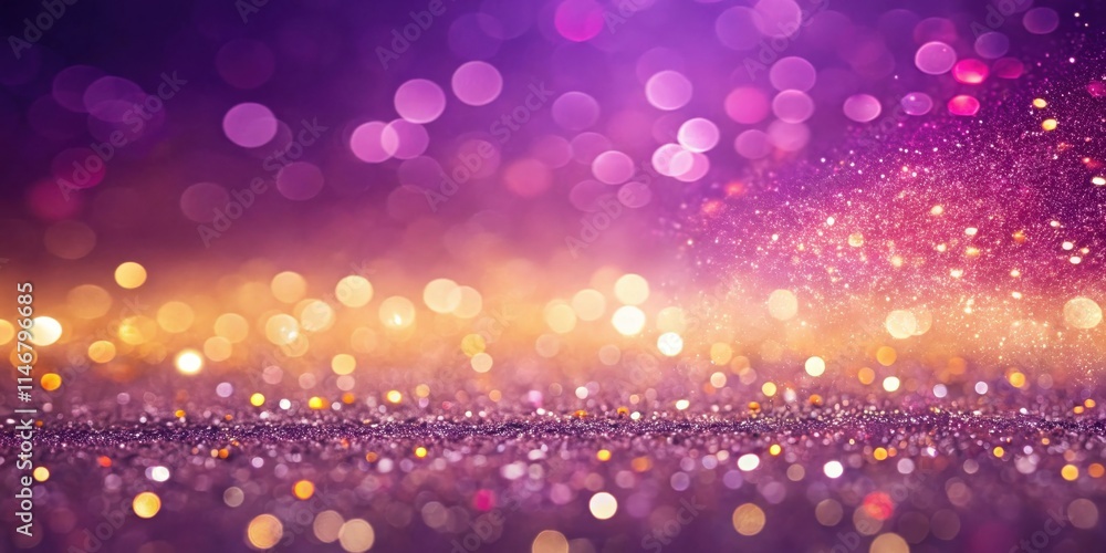 Poster a shimmering background with a blend of purple and gold bokeh, a beautiful festive abstract pattern.