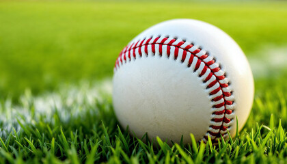 Close-up of a baseball on fresh grass, highlighting its texture and craftsmanship.