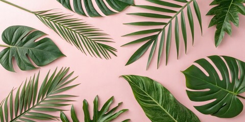 A symmetrical arrangement of lush green tropical leaves on a pale pink background, showcasing the beauty of nature's design.