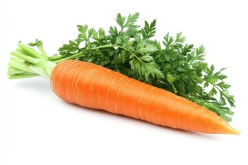 A large orange carrot with green leafy tops, laying diagonally on a white background