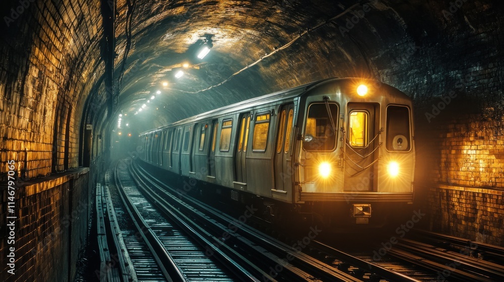 Poster train emerging from dimly lit tunnel in an urban subway system capturing the essence of public trans