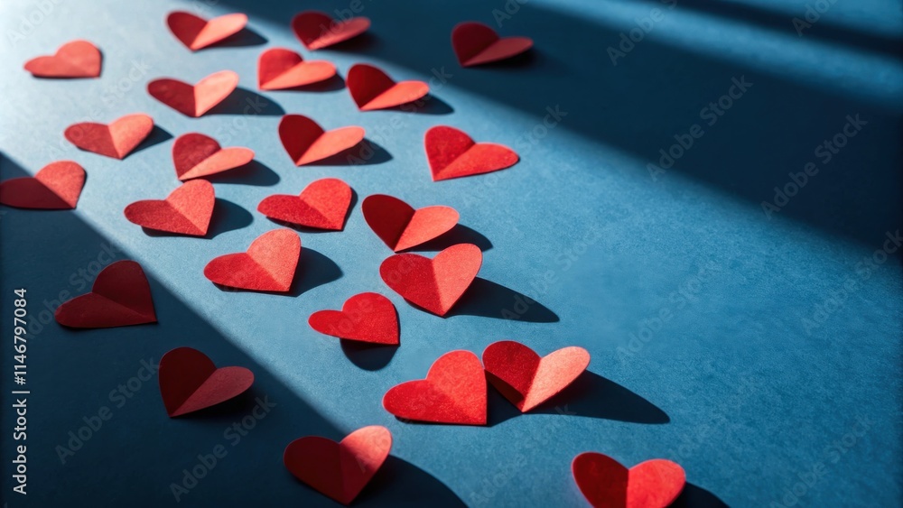 Aufkleber Red paper hearts scattered on a blue surface with sunlight streaming through a window creating shadows