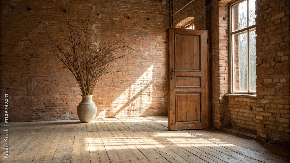 Poster Sunlight streams through a window in a room with brick walls and wooden floors, illuminating a vase with dried branches.