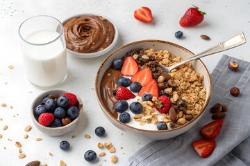 Healthy breakfast Fresh granola muesli in bowl with milk berries chocolate hazelnut spread