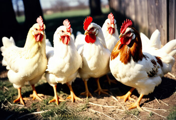Fototapeta premium Chickens walk through the hay in sunny weather