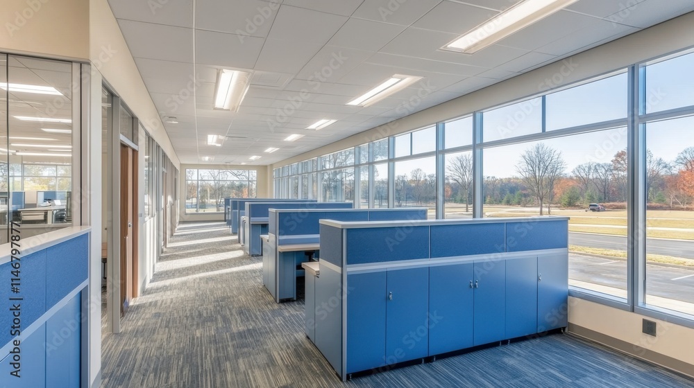 Poster modern office space with large windows and partitioned workstations