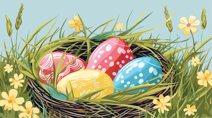 Colorful Easter Eggs in Wicker Basket Flat Lay