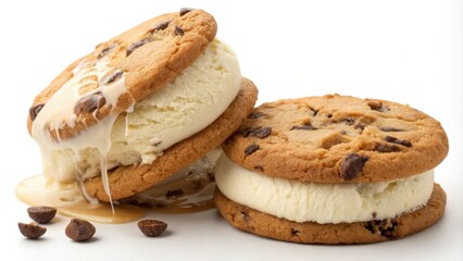 A Melted Ice Cream Sandwich with Chocolate Chip Cookies and Drizzled Caramel Sauce