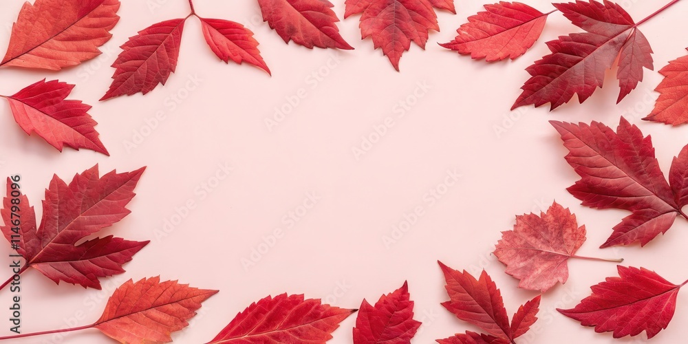 Poster a frame of vibrant red autumn leaves on a soft pink background