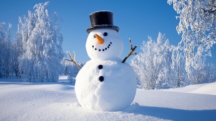 Obraz premium Cheerful snowman with black hat and carrot nose standing in winter wonderland with snowy trees under bright blue sky