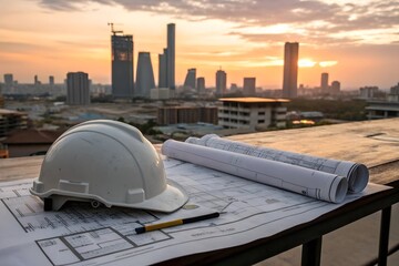 Fototapeta na wymiar Sunset view of construction blueprints and hard hat with urban skyline backdrop