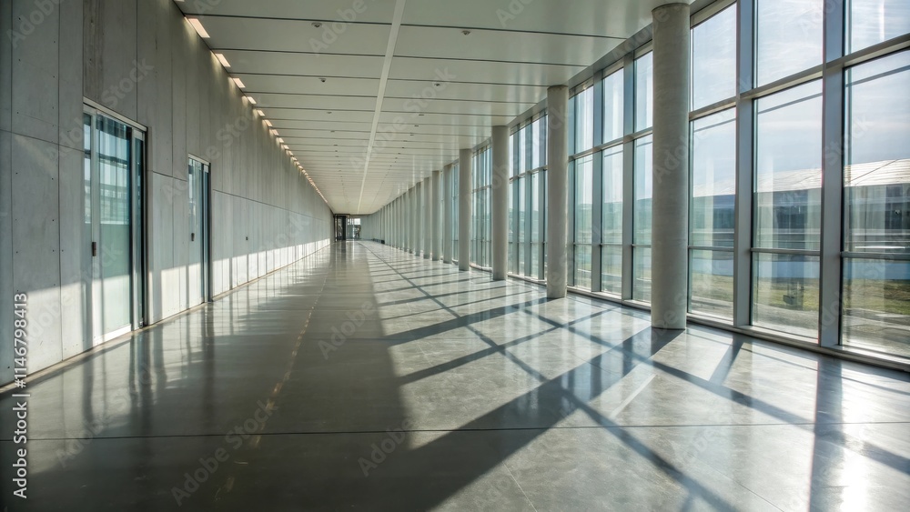 Poster Sunlight streams through a long, narrow corridor, illuminating the polished concrete floor and casting elongated shadows from the supporting columns.