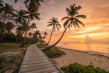 Tropical beach walkway leading to a serene golden sunset with coconut trees and calm waters