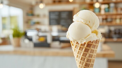 Scoops of white ice cream on a waffle cone against the background of a coffee shop